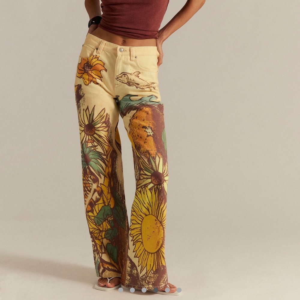 NWT Free People We The Free Baggy Printed Jeans BEACH Barrel Straight Good Luck